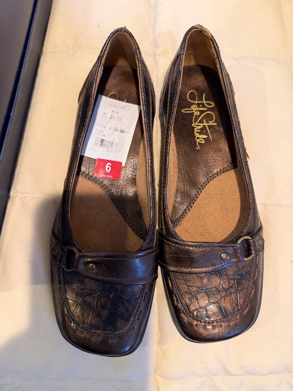 Life Stride Dark Brown/Bronze Leather Croc-Texture Loafers